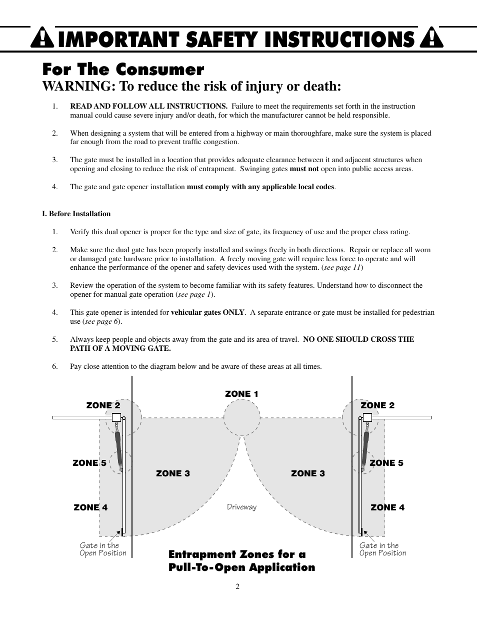 Important safety instructions, For the consumer, Warning: to reduce the risk of injury or death | Entrapment zones for a pull-to-open application | Mighty Mule FM502 Dual Swing - Blue Board User Manual | Page 6 / 44