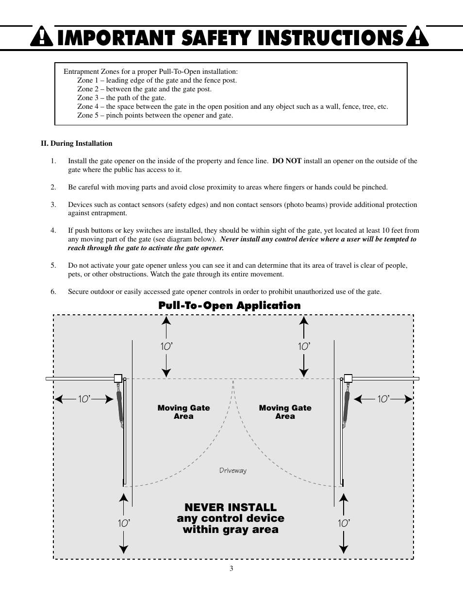 Important safety instructions, Pull-to-open application | Mighty Mule FM502 Dual Swing - Blue Board User Manual | Page 7 / 44
