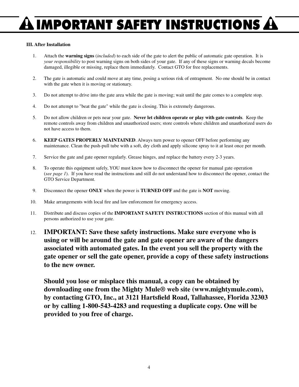 Important safety instructions | Mighty Mule FM502 Dual Swing - Blue Board User Manual | Page 8 / 44