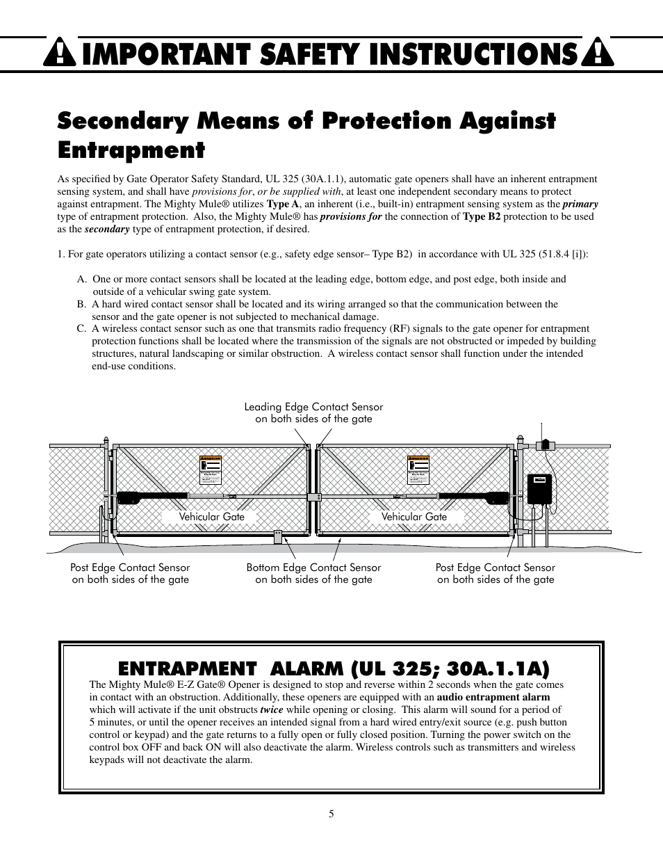Important safety instructions, Secondary means of protection against entrapment | Mighty Mule FM502 Dual Swing - Blue Board User Manual | Page 9 / 44