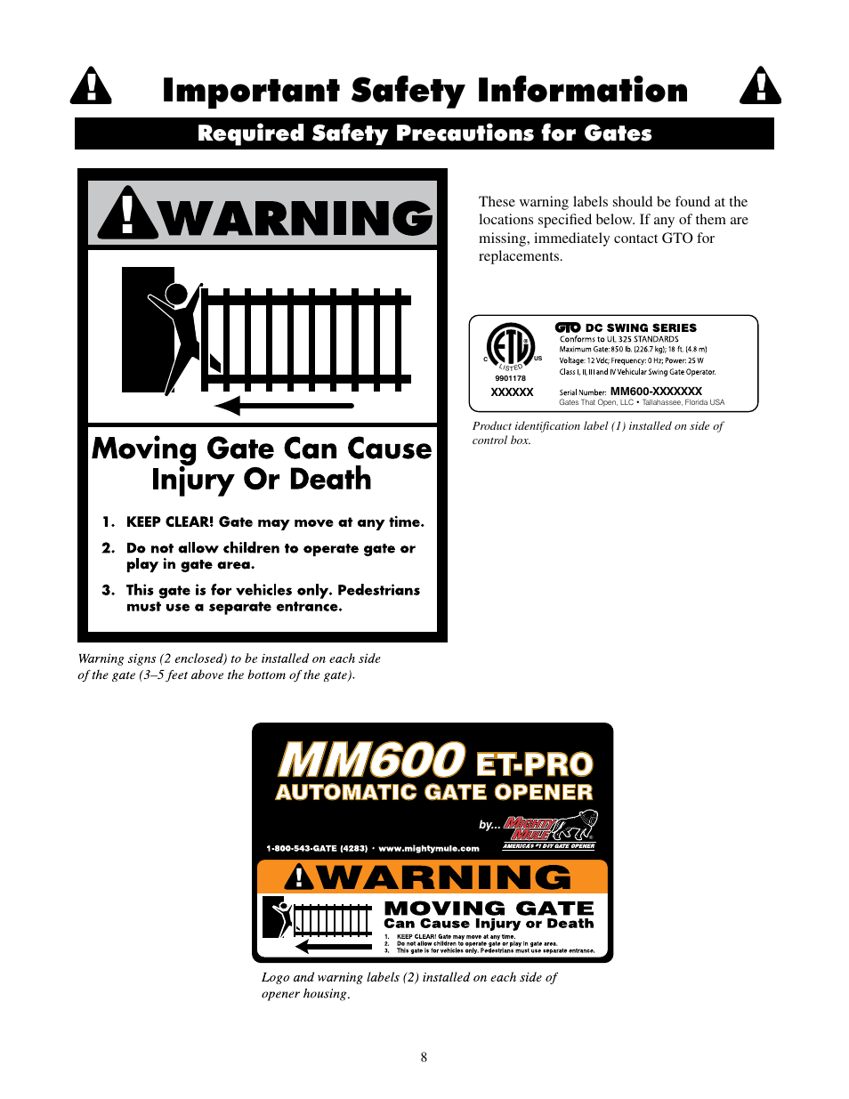 Mm600, Important safety information, Et-pro | Required safety precautions for gates | Mighty Mule MM600ET-PRO User Manual | Page 11 / 42