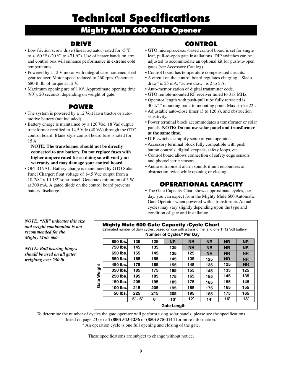 Technical specifications, Mighty mule 600 gate opener, Drive | Power, Control, Operational capacity | Mighty Mule MM600ET-PRO User Manual | Page 12 / 42
