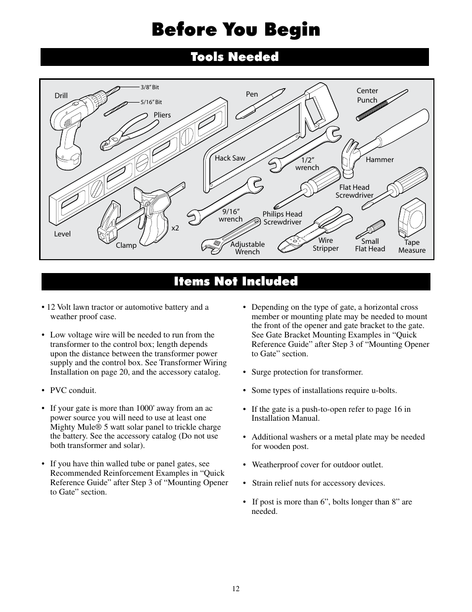 Before you begin, Items not included, Tools needed | Mighty Mule MM600ET-PRO User Manual | Page 15 / 42