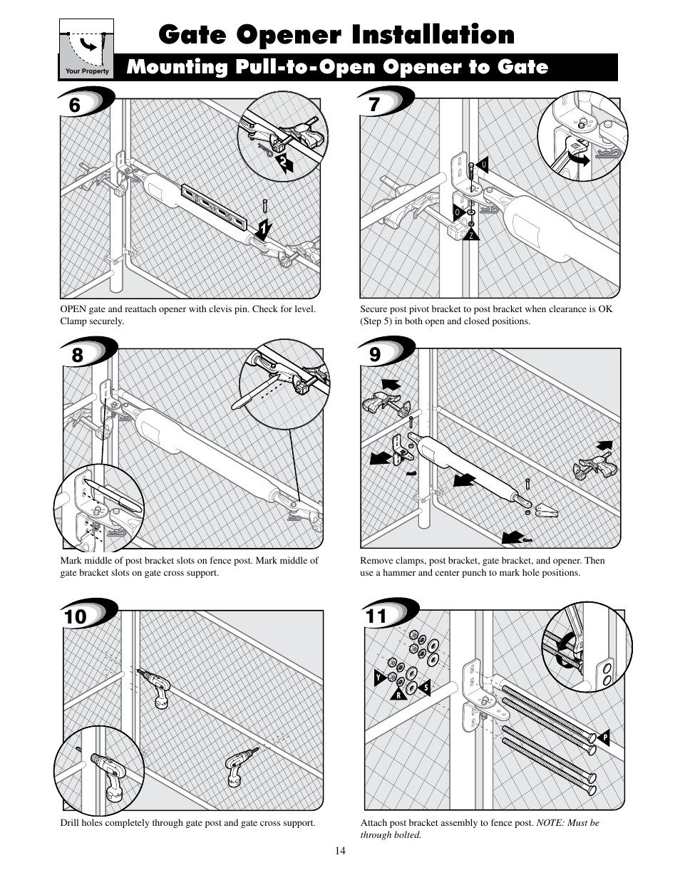 Gate opener installation, Mounting pull-to-open opener to gate | Mighty Mule MM600ET-PRO User Manual | Page 17 / 42