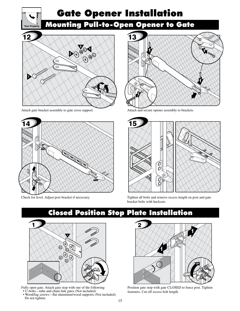 Gate opener installation, Mounting pull-to-open opener to gate, Closed position stop plate installation | Mighty Mule MM600ET-PRO User Manual | Page 18 / 42