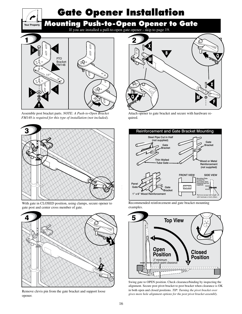 Gate opener installation, 3mounting push-to-open opener to gate, Top view closed position open position | Ir v s y, Xf m m | Mighty Mule MM600ET-PRO User Manual | Page 19 / 42