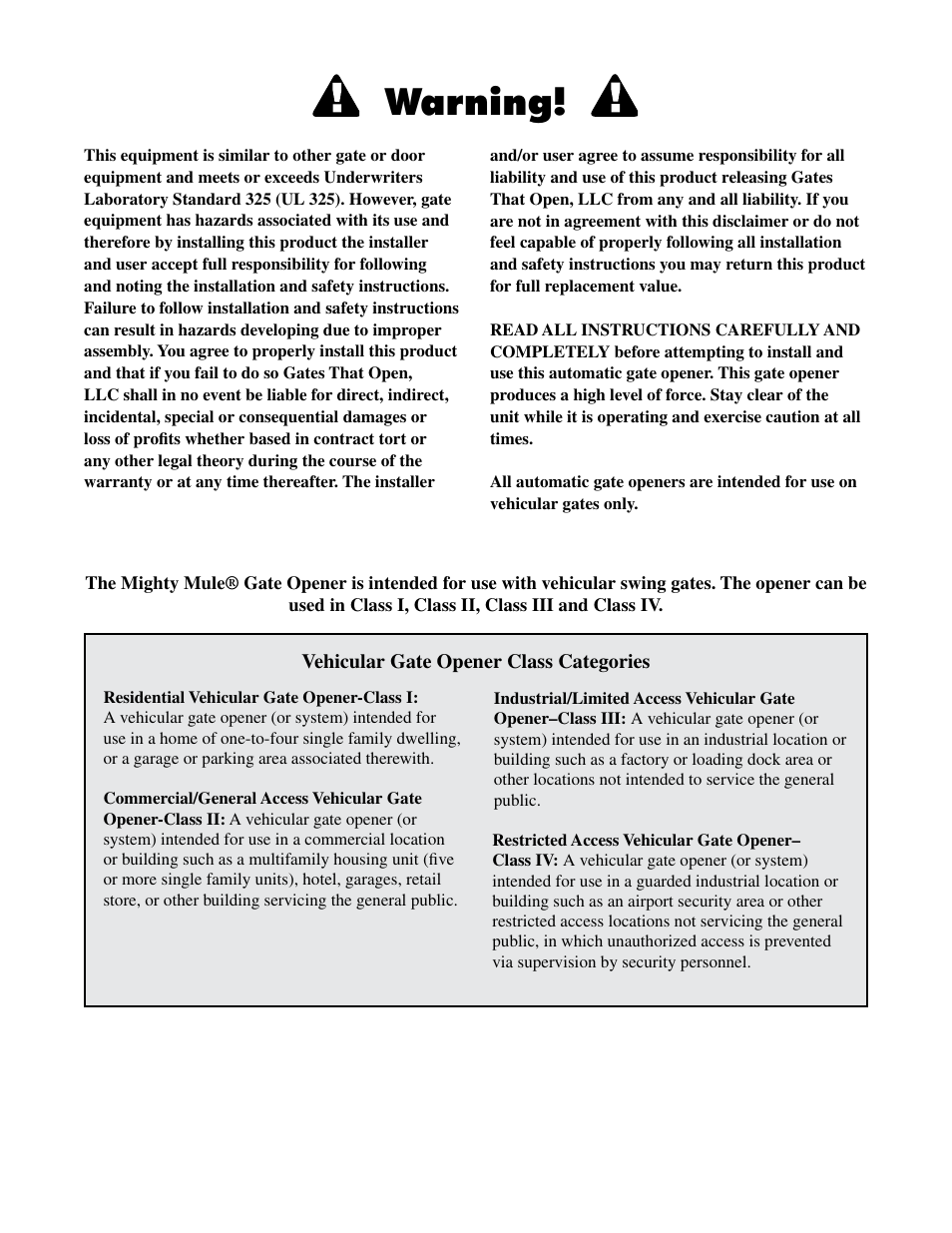 Warning | Mighty Mule MM600ET-PRO User Manual | Page 2 / 42