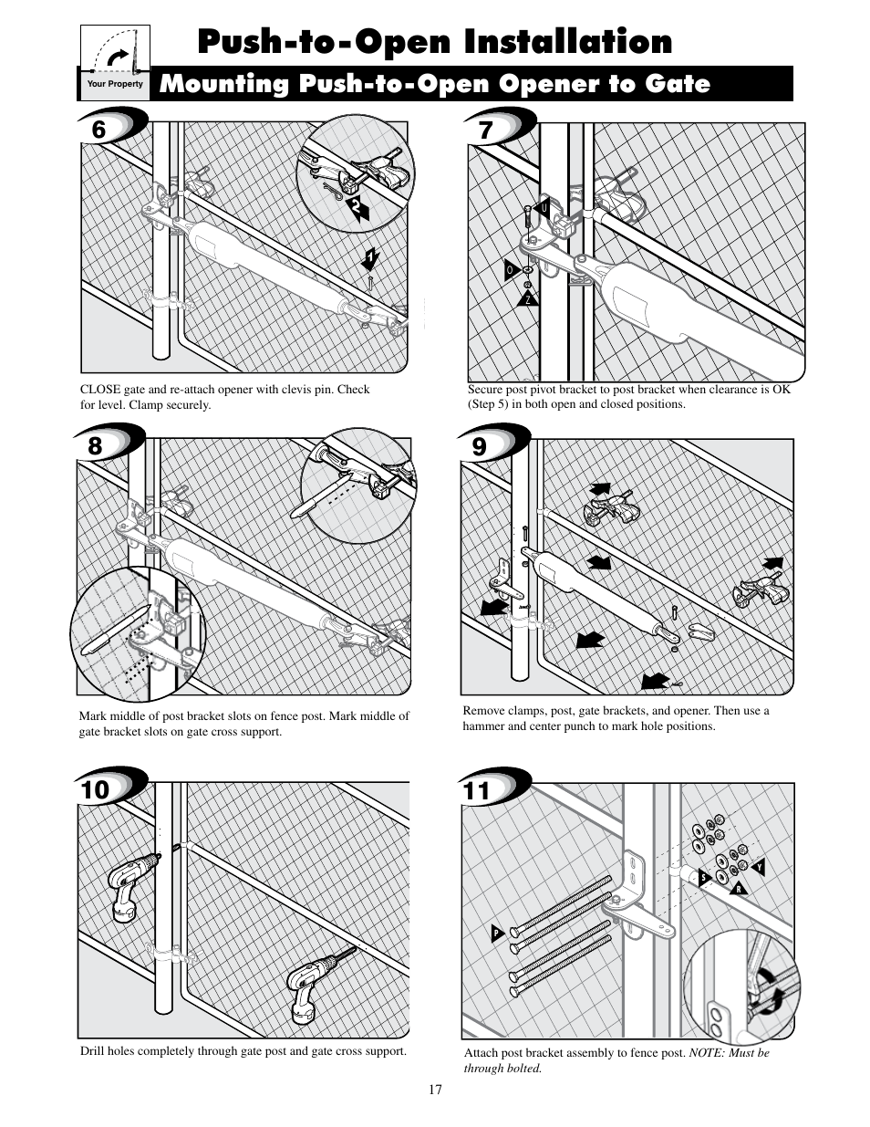 Push-to-open installation, Mounting push-to-open opener to gate | Mighty Mule MM600ET-PRO User Manual | Page 20 / 42
