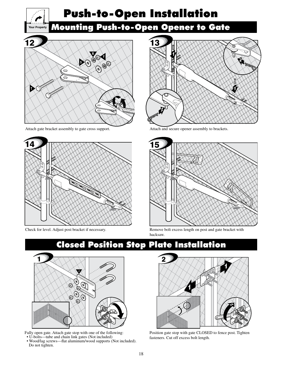 Push-to-open installation, Mounting push-to-open opener to gate, Closed position stop plate installation | Mighty Mule MM600ET-PRO User Manual | Page 21 / 42