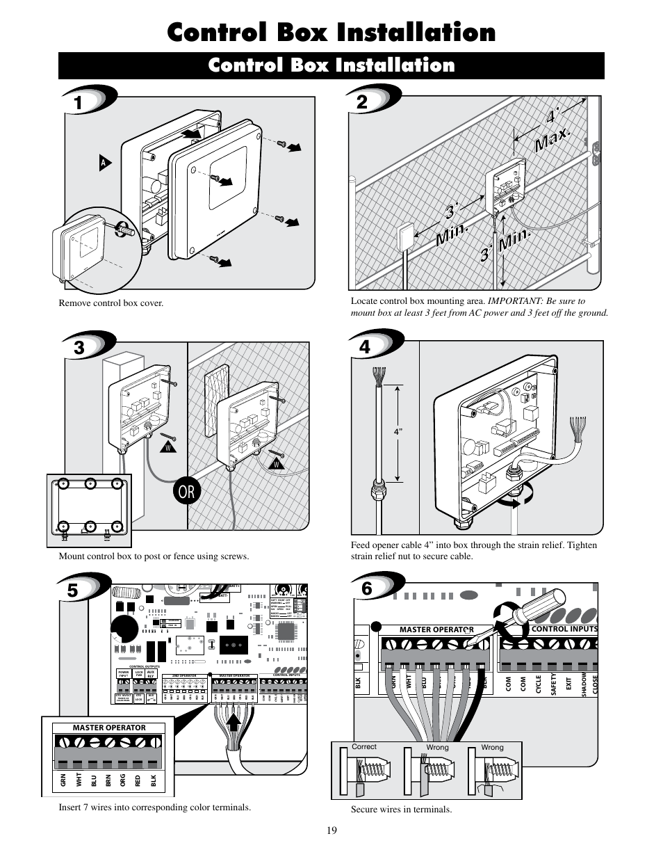 Control box installation, 3’ min. 3’ min. 4’ max, Remove control box cover | Mount control box to post or fence using screws | Mighty Mule MM600ET-PRO User Manual | Page 22 / 42