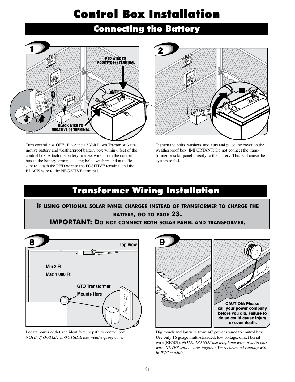 Control box installation, Transformer wiring installation, Connecting the battery | 12 vol t, Important: d | Mighty Mule MM600ET-PRO User Manual | Page 24 / 42