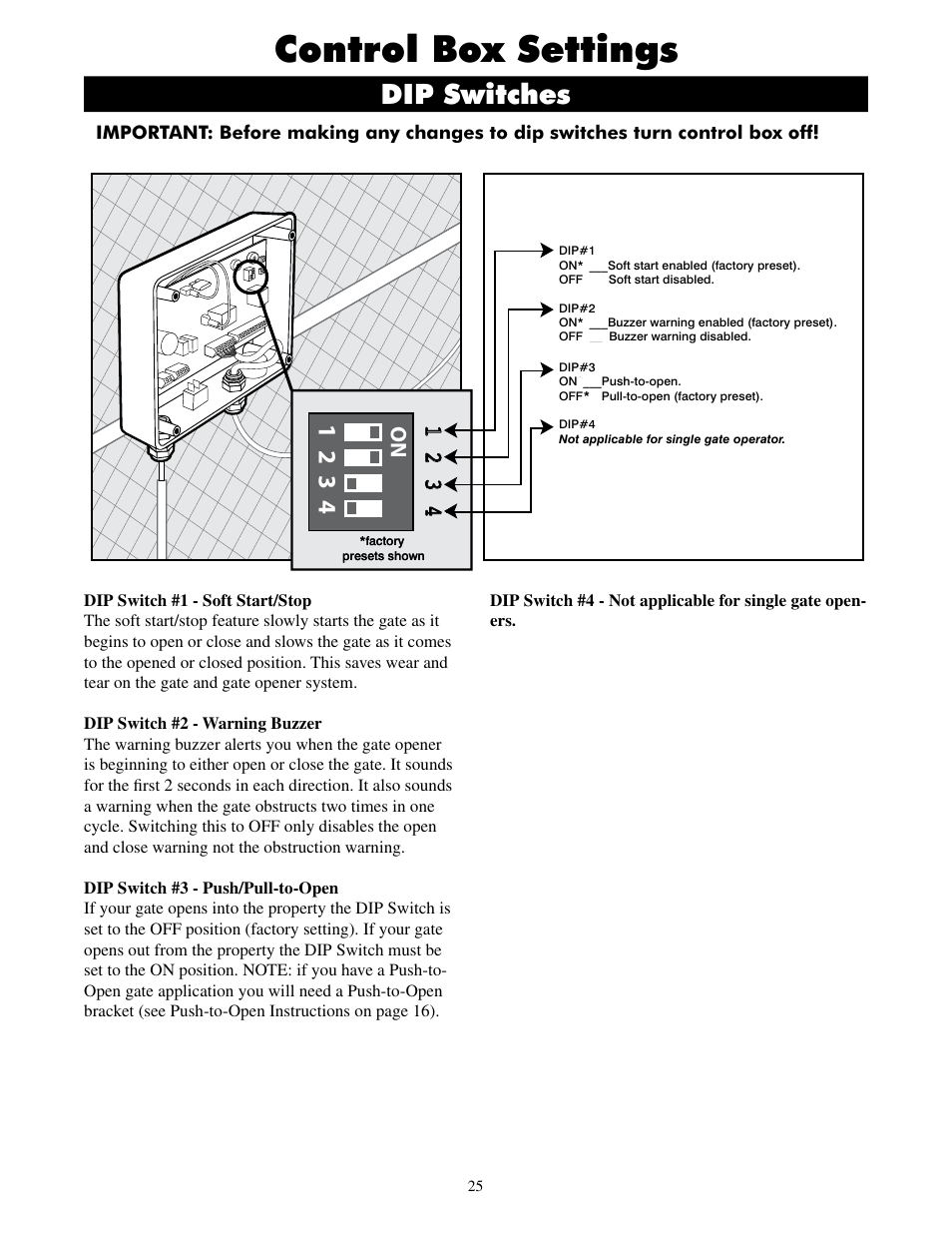 Control box settings, Dip switches | Mighty Mule MM600ET-PRO User Manual | Page 28 / 42