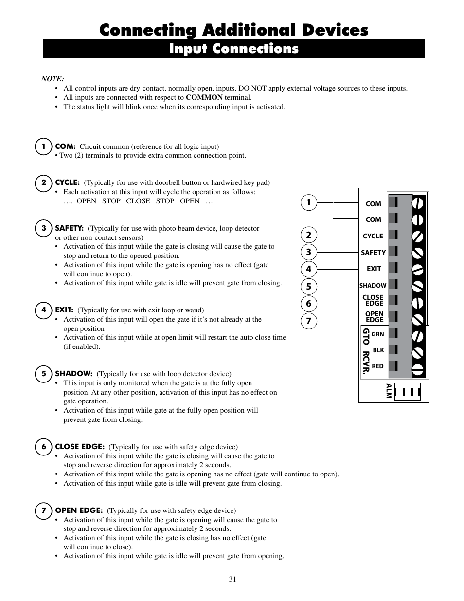Connecting additional devices, Input connections, Bat t | Au x r ly | Mighty Mule MM600ET-PRO User Manual | Page 34 / 42