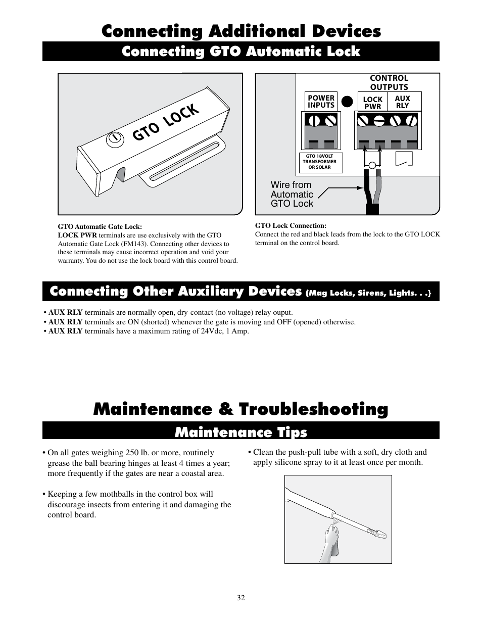 Maintenance & troubleshooting, Connecting additional devices, Gto lo ck | Maintenance tips, Connecting gto automatic lock, Connecting other auxiliary devices | Mighty Mule MM600ET-PRO User Manual | Page 35 / 42