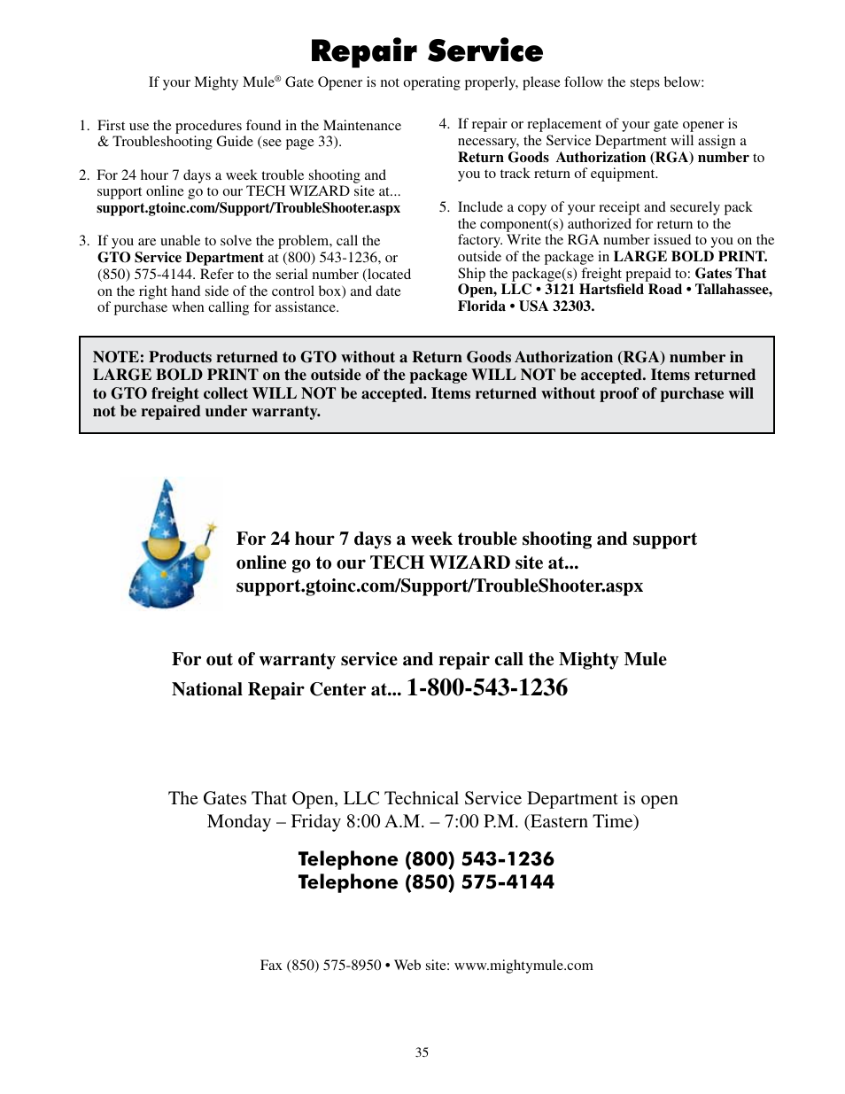 Repair service | Mighty Mule MM600ET-PRO User Manual | Page 38 / 42