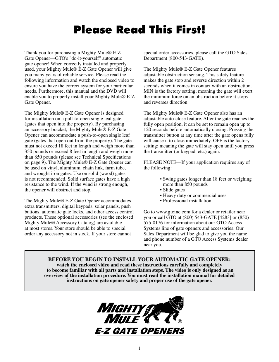Please read this first, E-z gate openers | Mighty Mule MM600ET-PRO User Manual | Page 4 / 42
