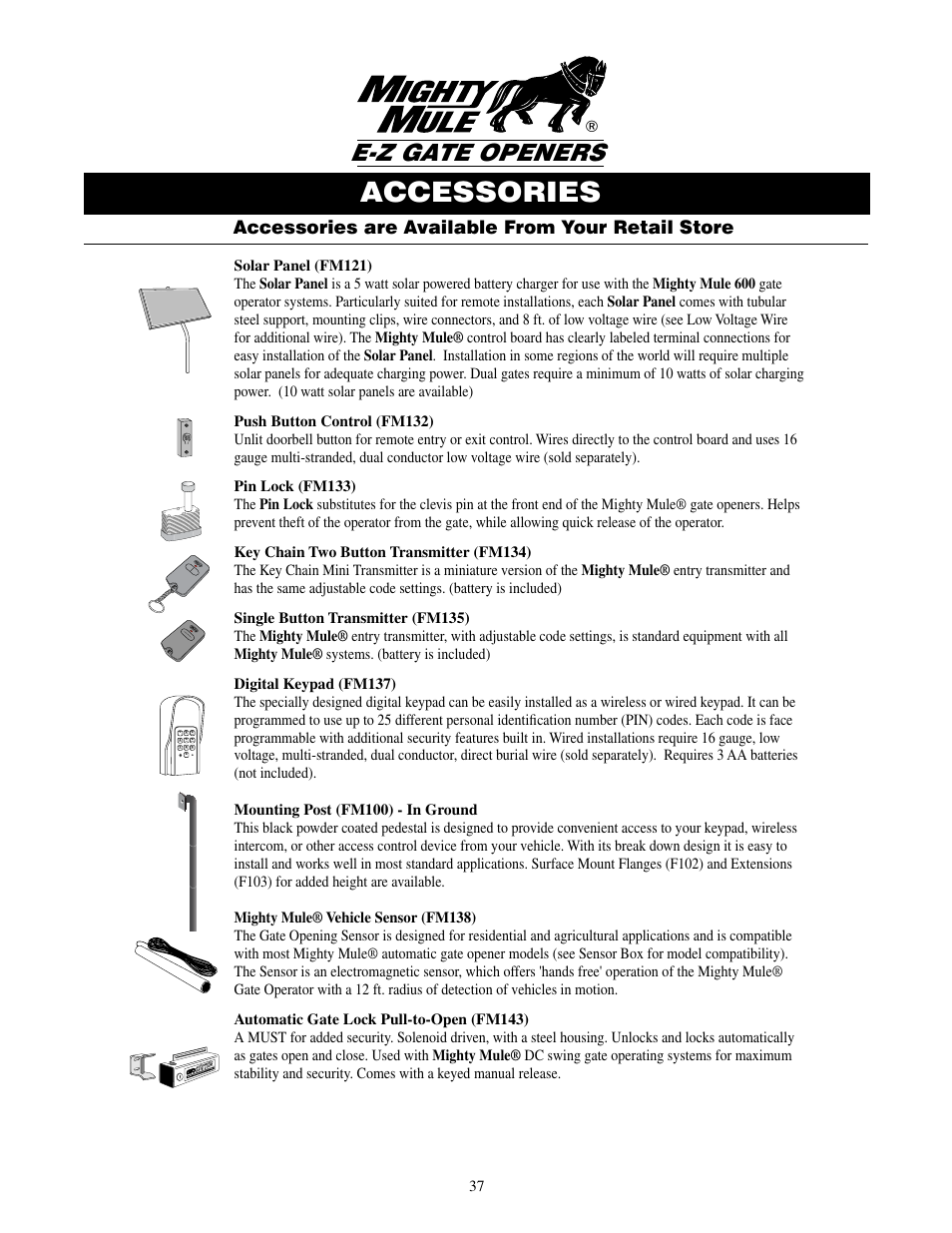 Accessories, E-z gate openers, Accessories are available from your retail store | Mighty Mule MM600ET-PRO User Manual | Page 40 / 42