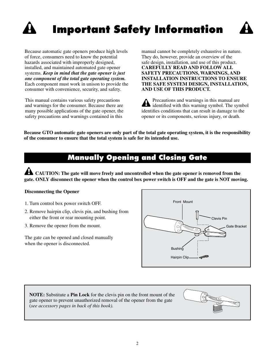 Important safety information, Manually opening and closing gate | Mighty Mule MM600ET-PRO User Manual | Page 5 / 42