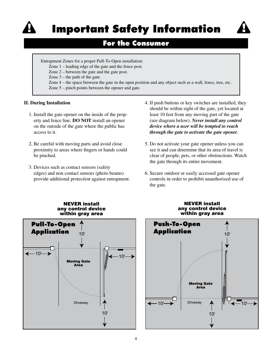 Important safety information, For the consumer, Pull-to-open application push-to-open application | Mighty Mule MM600ET-PRO User Manual | Page 7 / 42