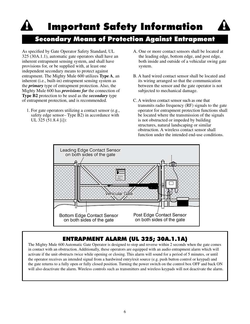 Important safety information, Secondary means of protection against entrapment | Mighty Mule MM600ET-PRO User Manual | Page 9 / 42