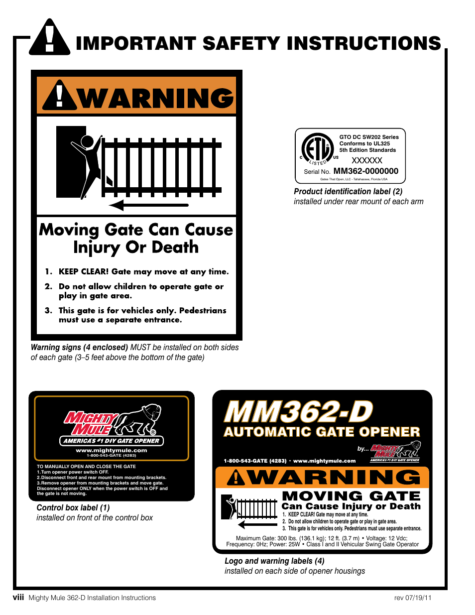 Mm362-d, Important safety instructions, Automatic gate opener | Mighty Mule MM362-D User Manual | Page 10 / 36