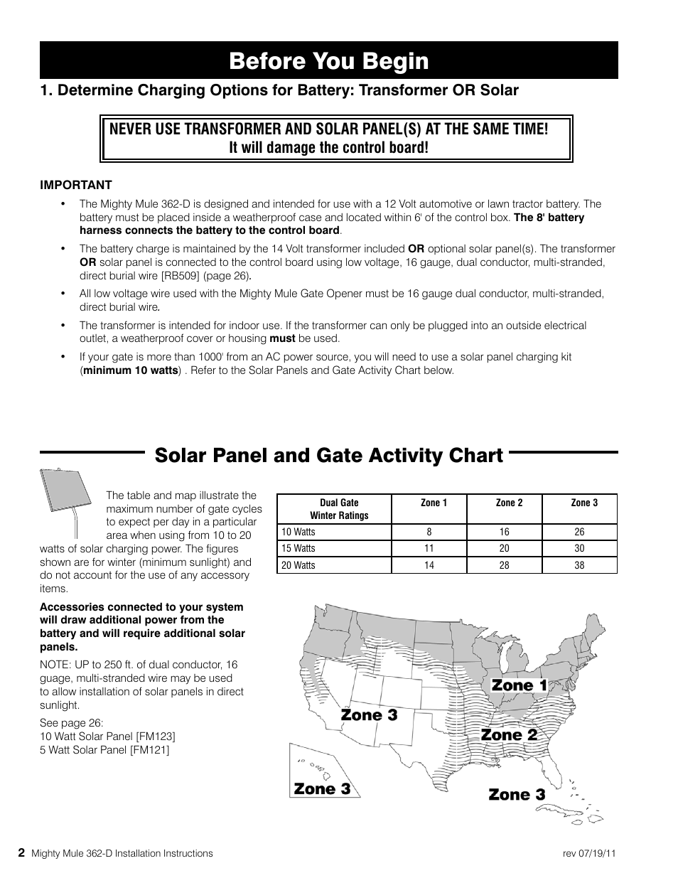 Before you begin, Solar panel and gate activity chart | Mighty Mule MM362-D User Manual | Page 12 / 36
