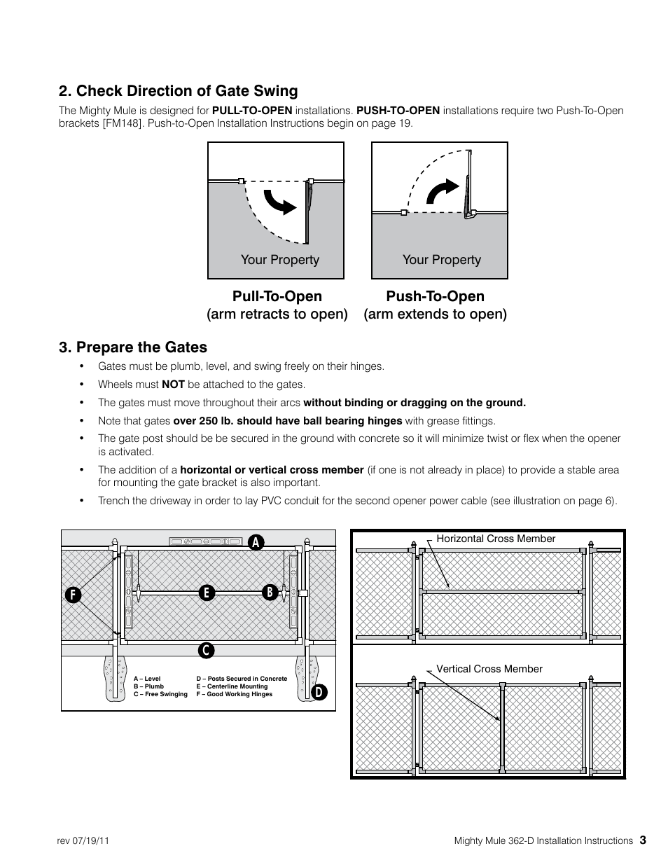Check direction of gate swing, Prepare the gates, Pull-to-open | Push-to-open, Arm retracts to open), Arm extends to open) | Mighty Mule MM362-D User Manual | Page 13 / 36
