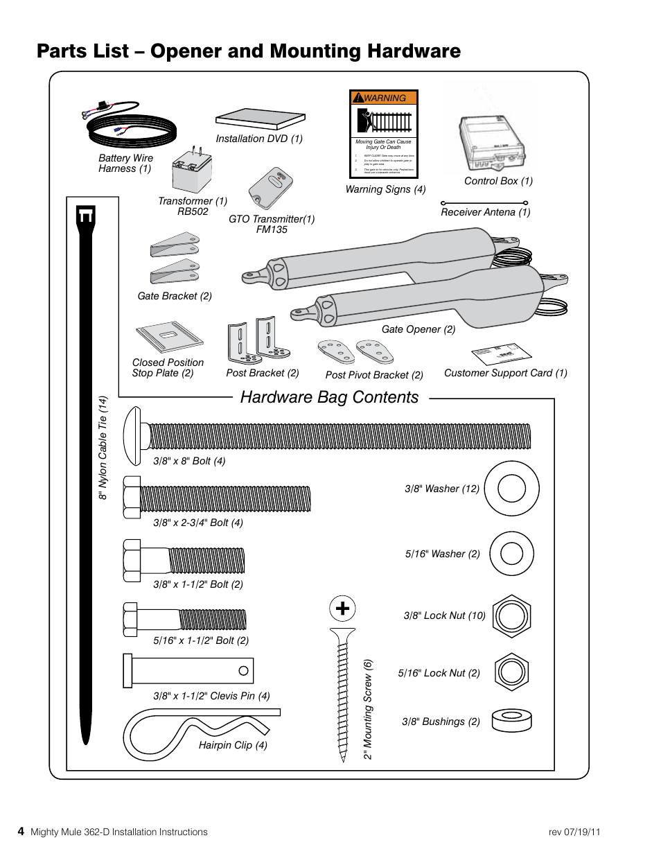 Parts list – opener and mounting hardware, Hardware bag contents | Mighty Mule MM362-D User Manual | Page 14 / 36
