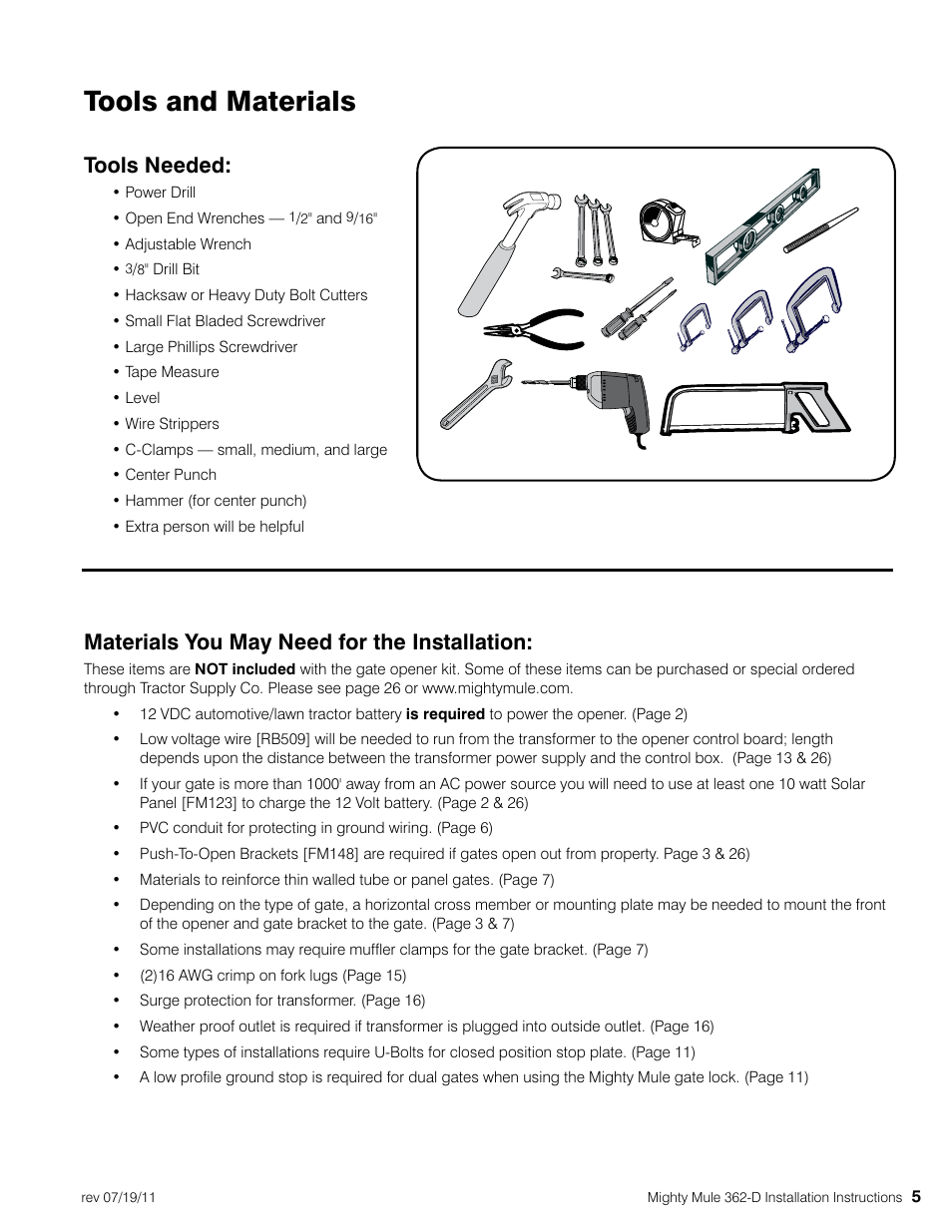 Tools and materials, Tools needed, Materials you may need for the installation | Mighty Mule MM362-D User Manual | Page 15 / 36