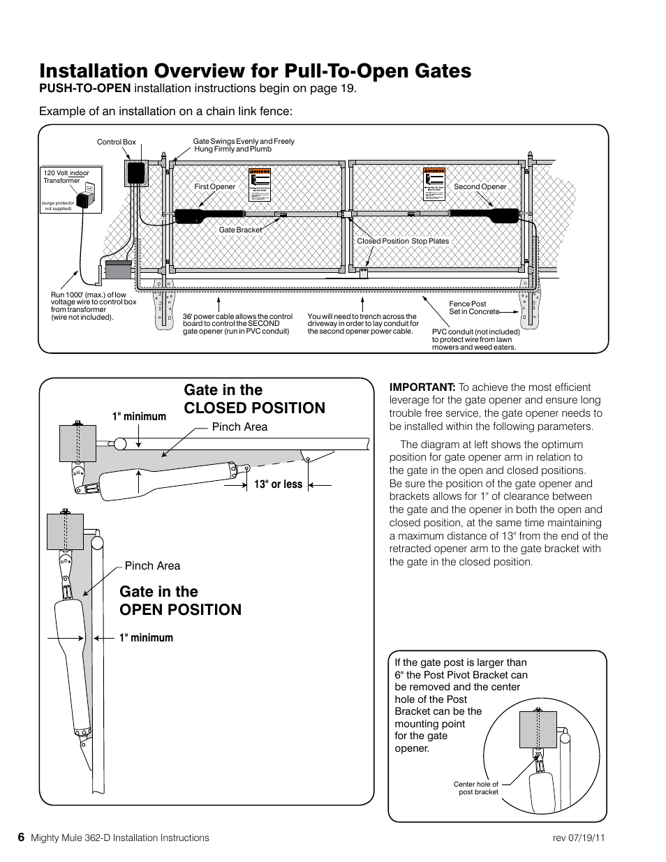 Installation overview for pull-to-open gates, Gate in the open position, Gate in the closed position | Mighty Mule MM362-D User Manual | Page 16 / 36