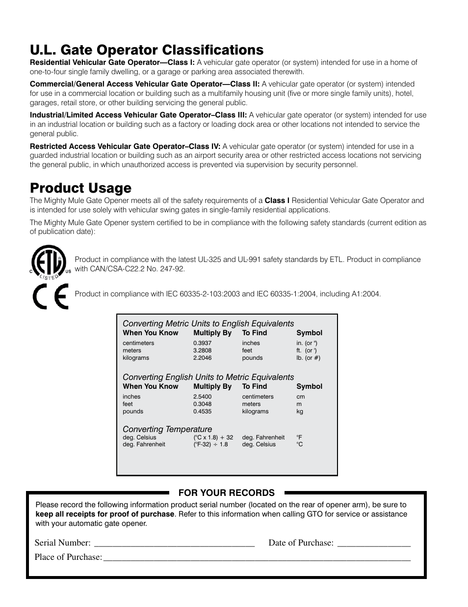 U.l. gate operator classifications, Product usage, For your records | Mighty Mule MM362-D User Manual | Page 2 / 36