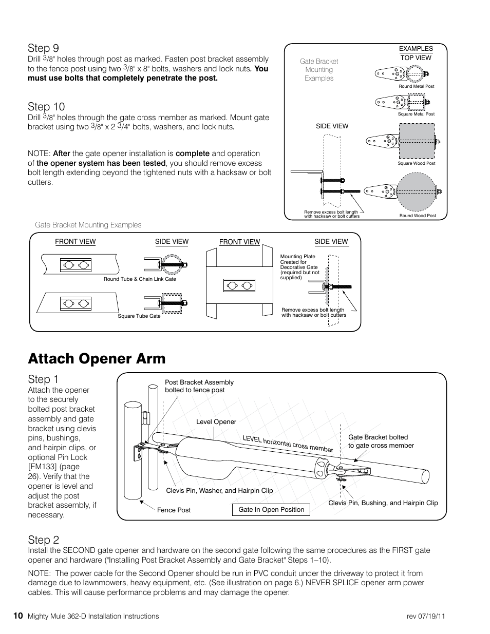 Attach opener arm, Step 9, Step 10 | Step 1, Step 2 | Mighty Mule MM362-D User Manual | Page 20 / 36