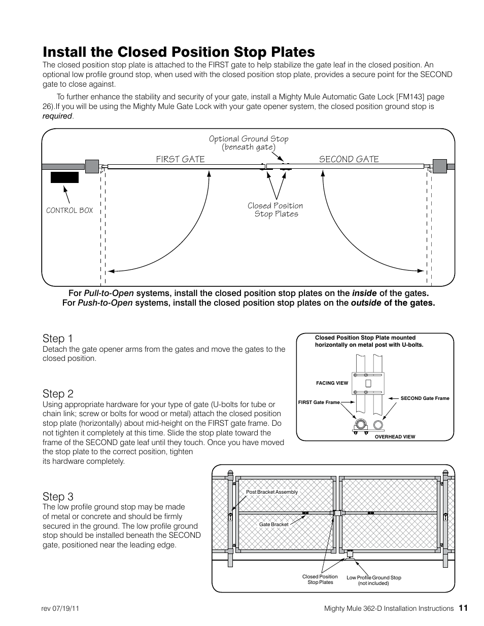 Install the closed position stop plates, Step 1, Step 2 | Step 3, First gate second gate | Mighty Mule MM362-D User Manual | Page 21 / 36