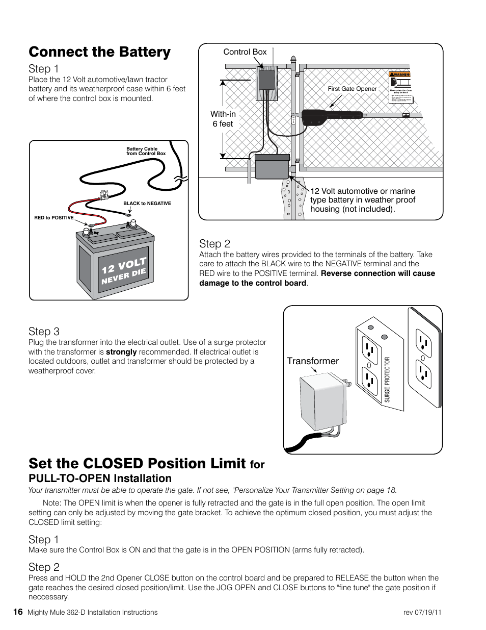 Connect the battery, Set the closed position limit, Step 1 | Step 2, Step 3, For pull-to-open installation | Mighty Mule MM362-D User Manual | Page 26 / 36