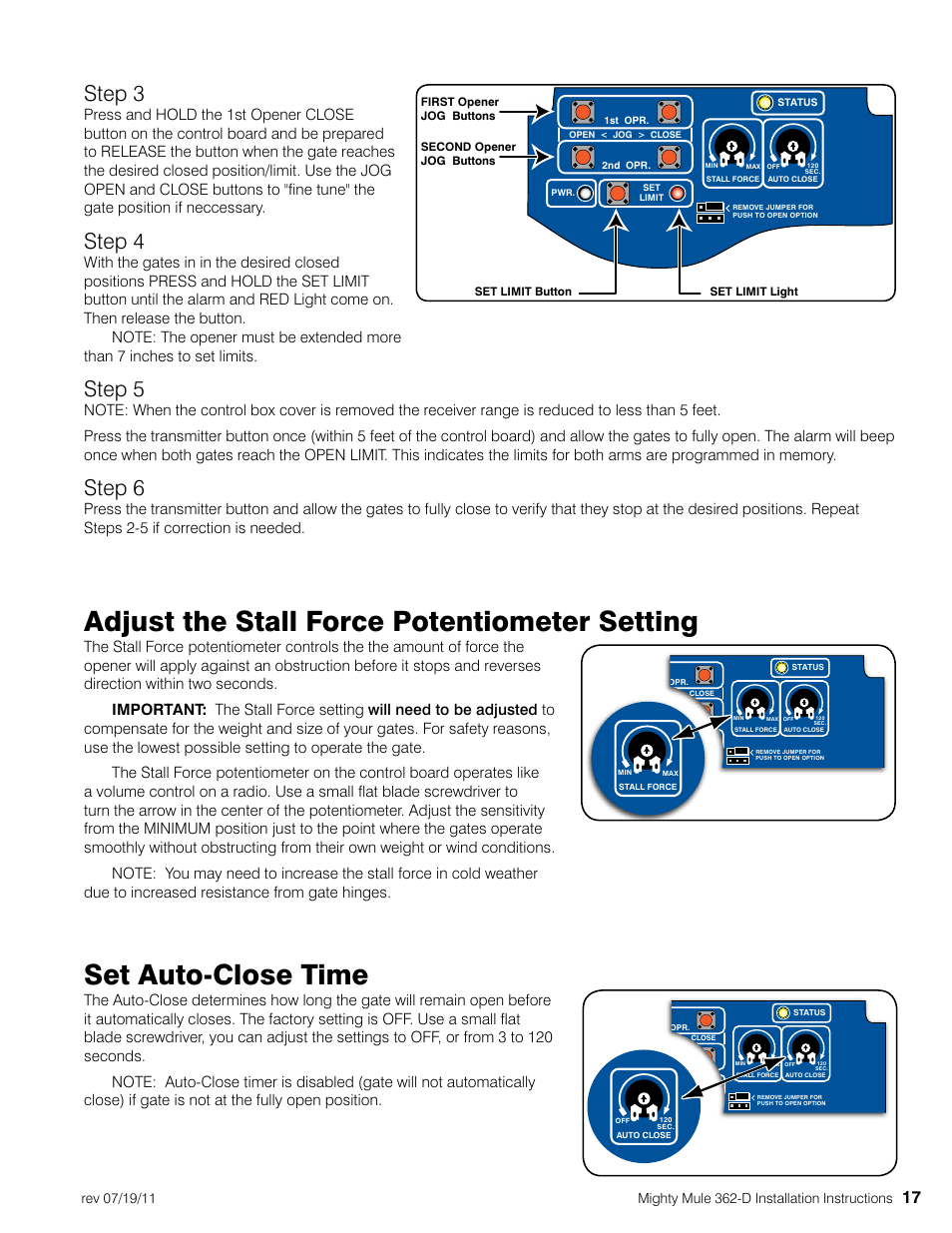 Adjust the stall force potentiometer setting, Set auto-close time, Step 3 | Step 4, Step 5, Step 6 | Mighty Mule MM362-D User Manual | Page 27 / 36