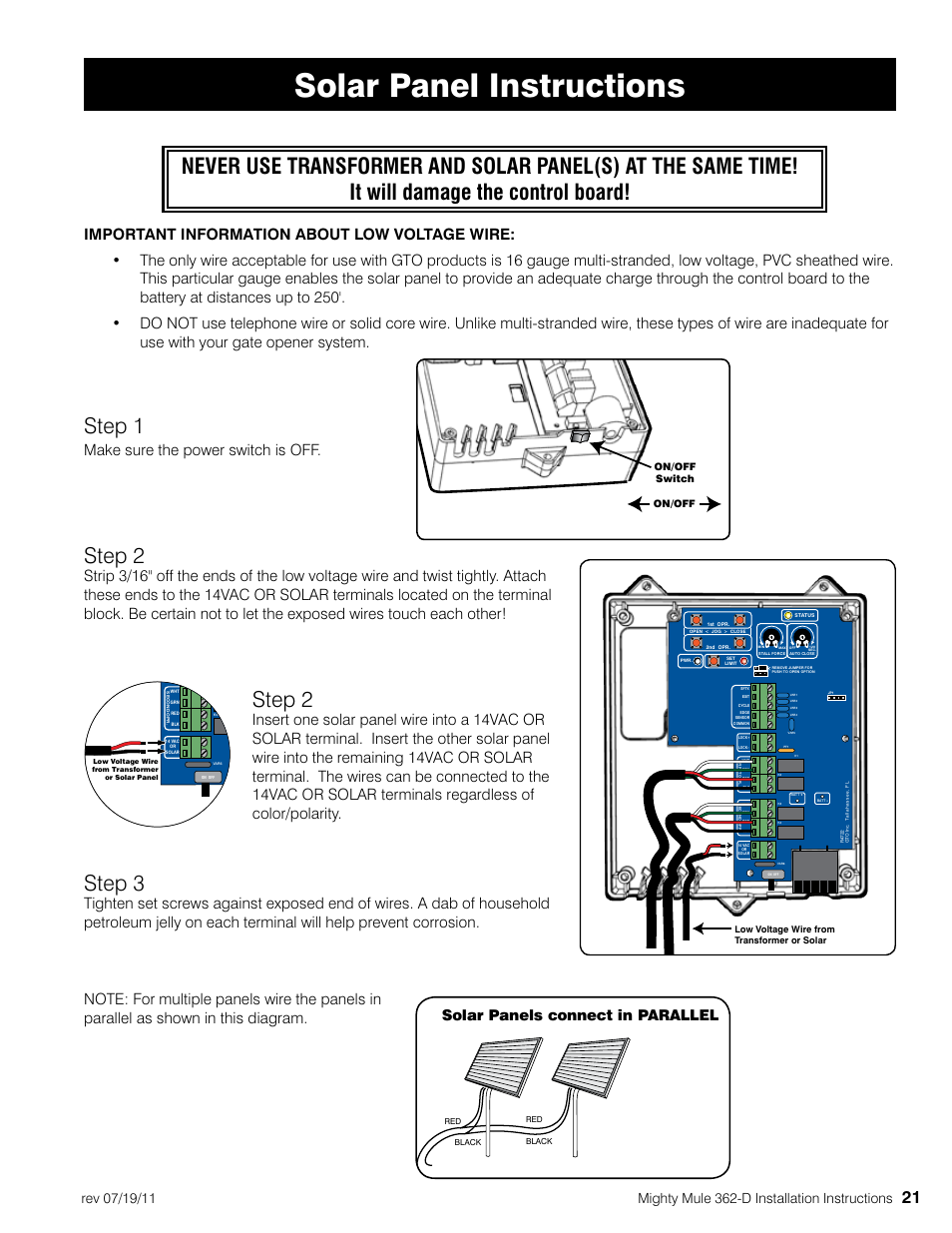 Solar panel instructions, Step 1, Step 2 | Step 3, Make sure the power switch is off, Solar panels connect in parallel | Mighty Mule MM362-D User Manual | Page 31 / 36