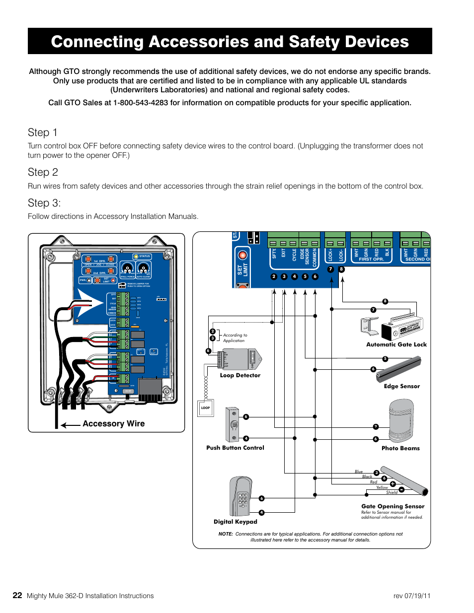 Connecting accessories and safety devices, Step 1, Step 2 | Step 3, Accessory wire, Photo beams loop detector push button control, Gate opening sensor, Edge sensor automatic gate lock, Digital keypad, 1st opr . 2nd opr | Mighty Mule MM362-D User Manual | Page 32 / 36