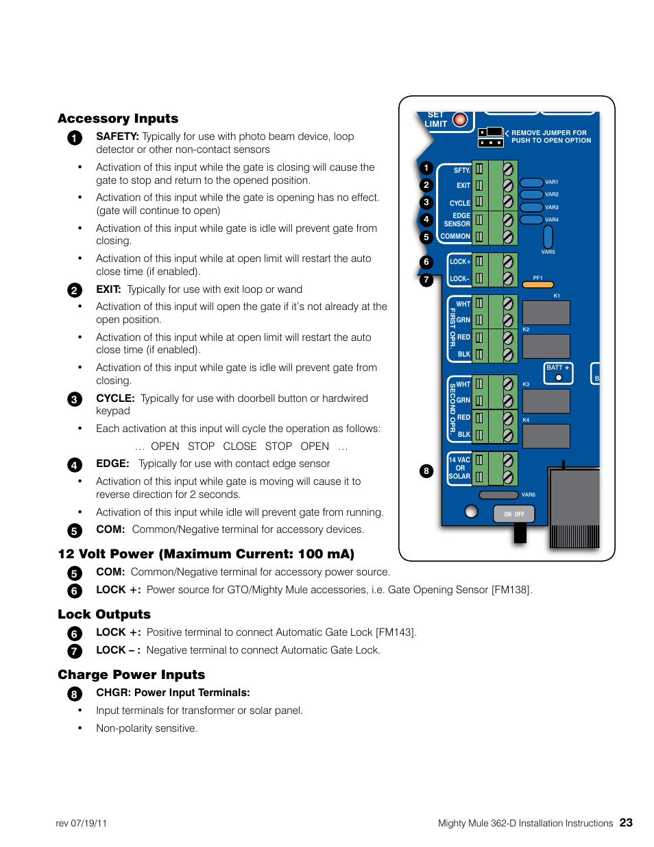 Accessory inputs, Lock outputs, Charge power inputs | Mighty Mule MM362-D User Manual | Page 33 / 36