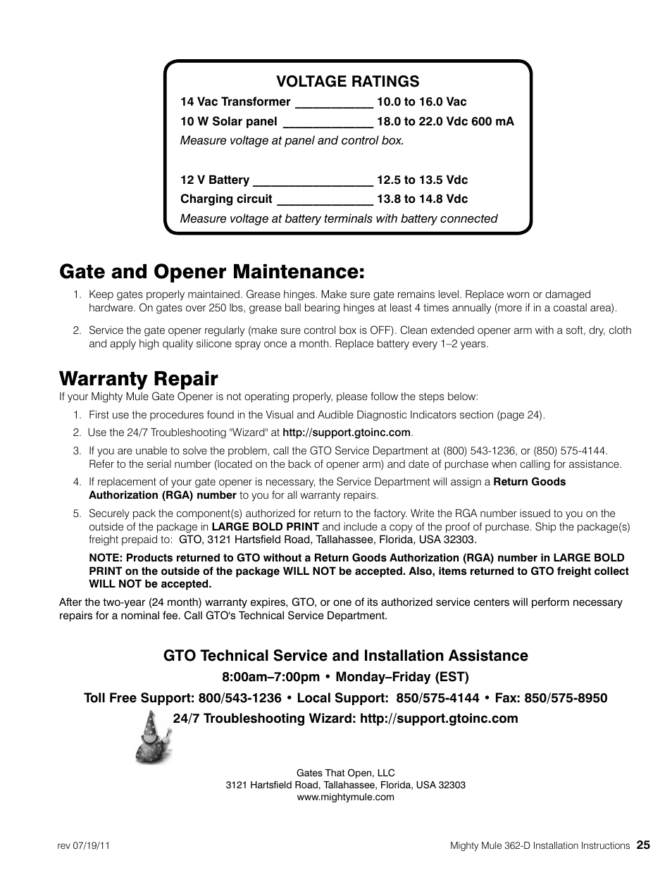 Gate and opener maintenance, Warranty repair, Voltage ratings | Gto technical service and installation assistance | Mighty Mule MM362-D User Manual | Page 35 / 36