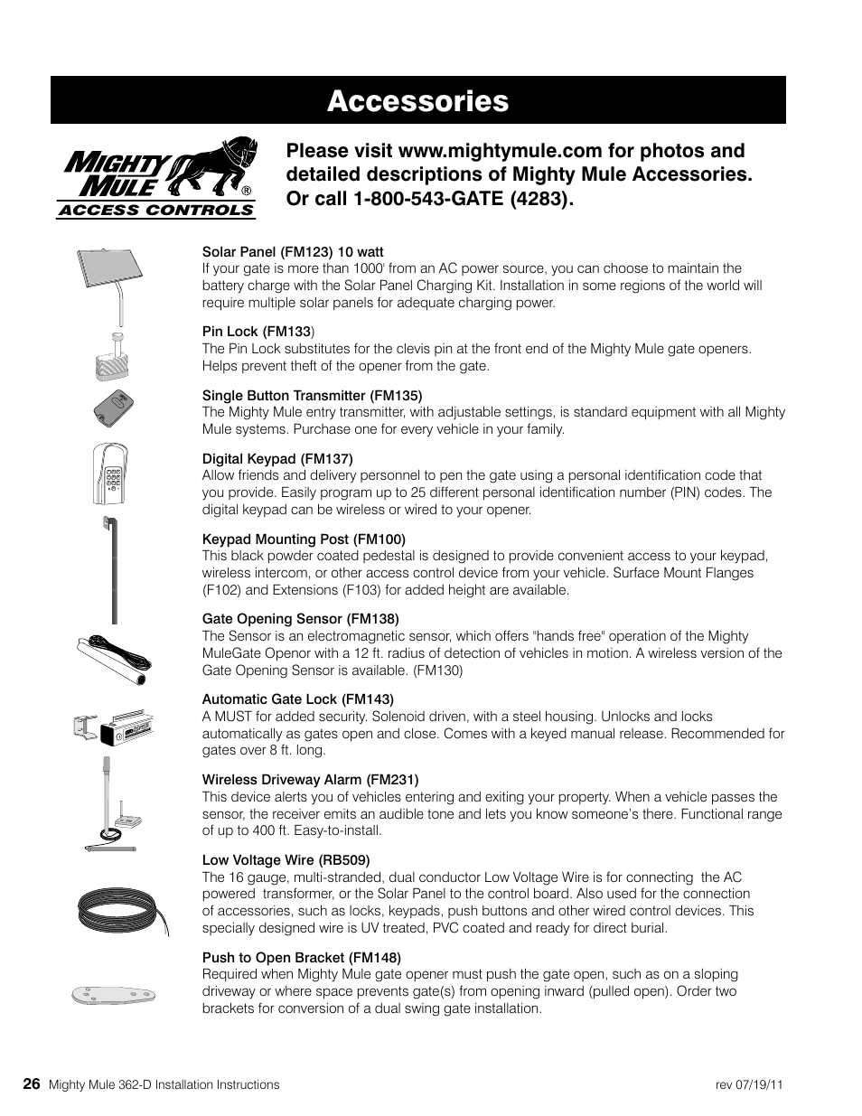 Accessories | Mighty Mule MM362-D User Manual | Page 36 / 36