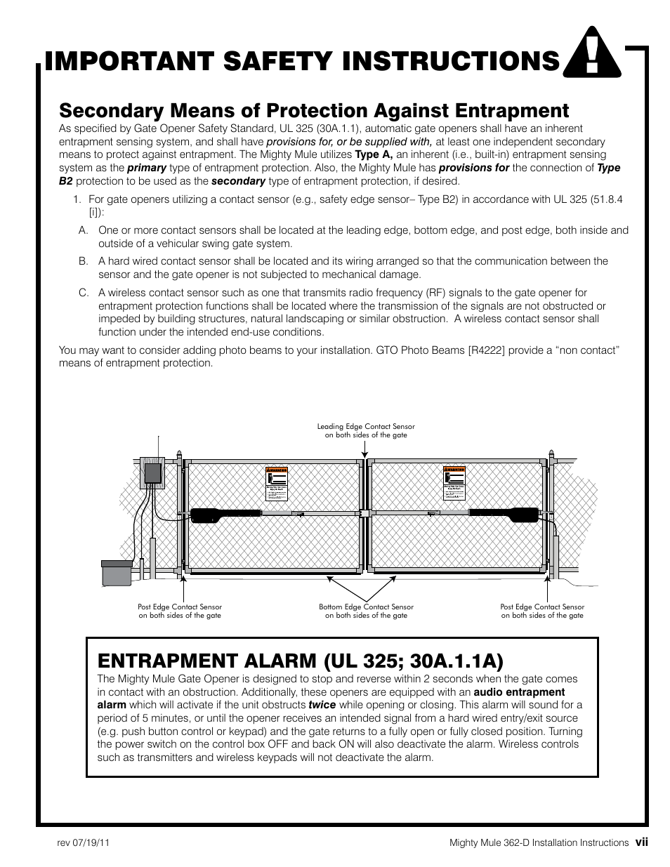 Important safety instructions, Secondary means of protection against entrapment | Mighty Mule MM362-D User Manual | Page 9 / 36