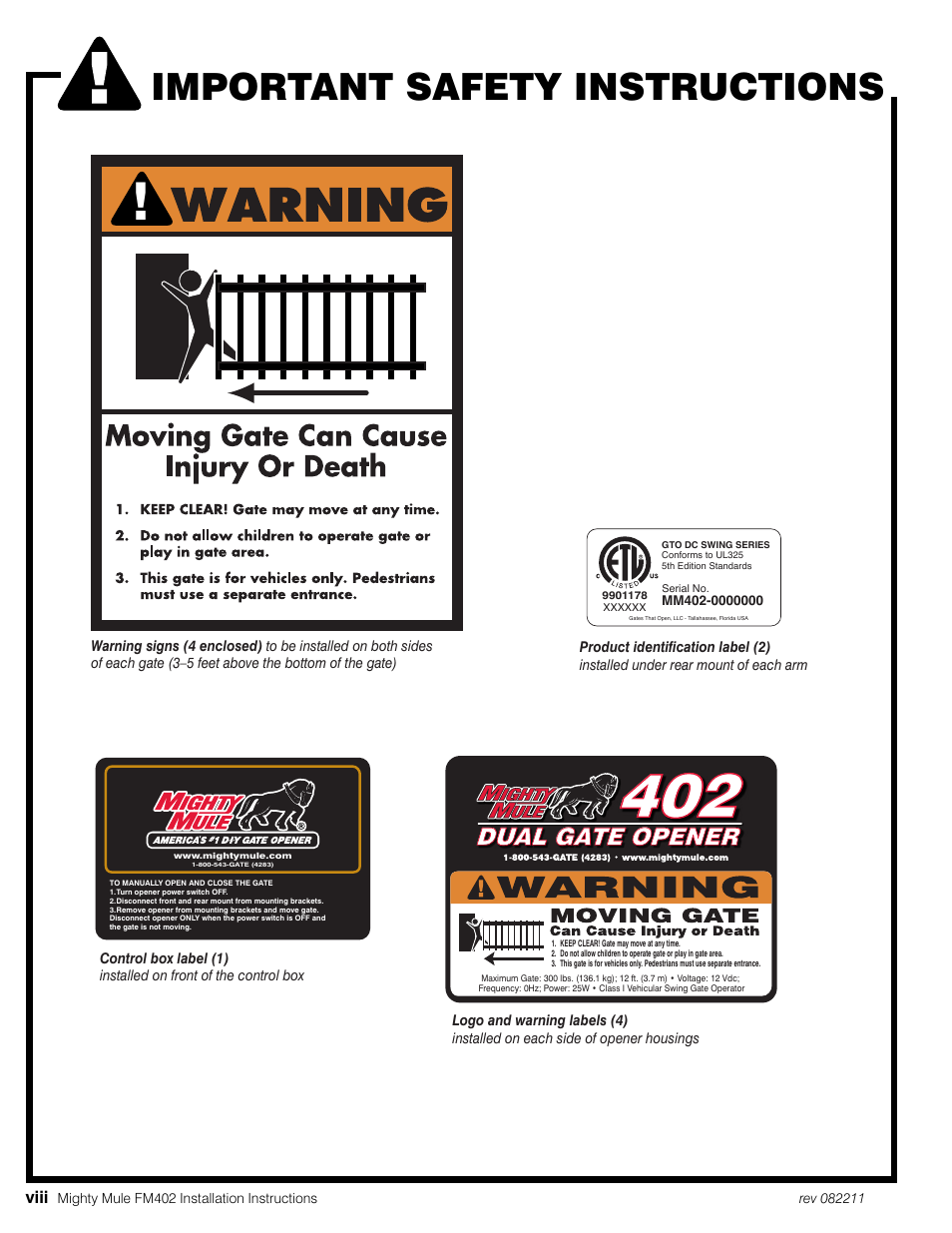 Important safety instructions, Dual gate opener | Mighty Mule MM402 User Manual | Page 10 / 36