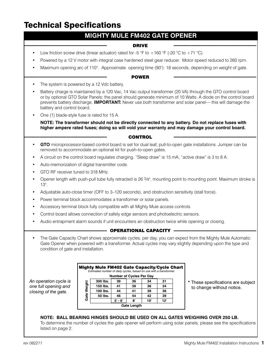 Technical specifications, Mighty mule fm402 gate opener | Mighty Mule MM402 User Manual | Page 11 / 36
