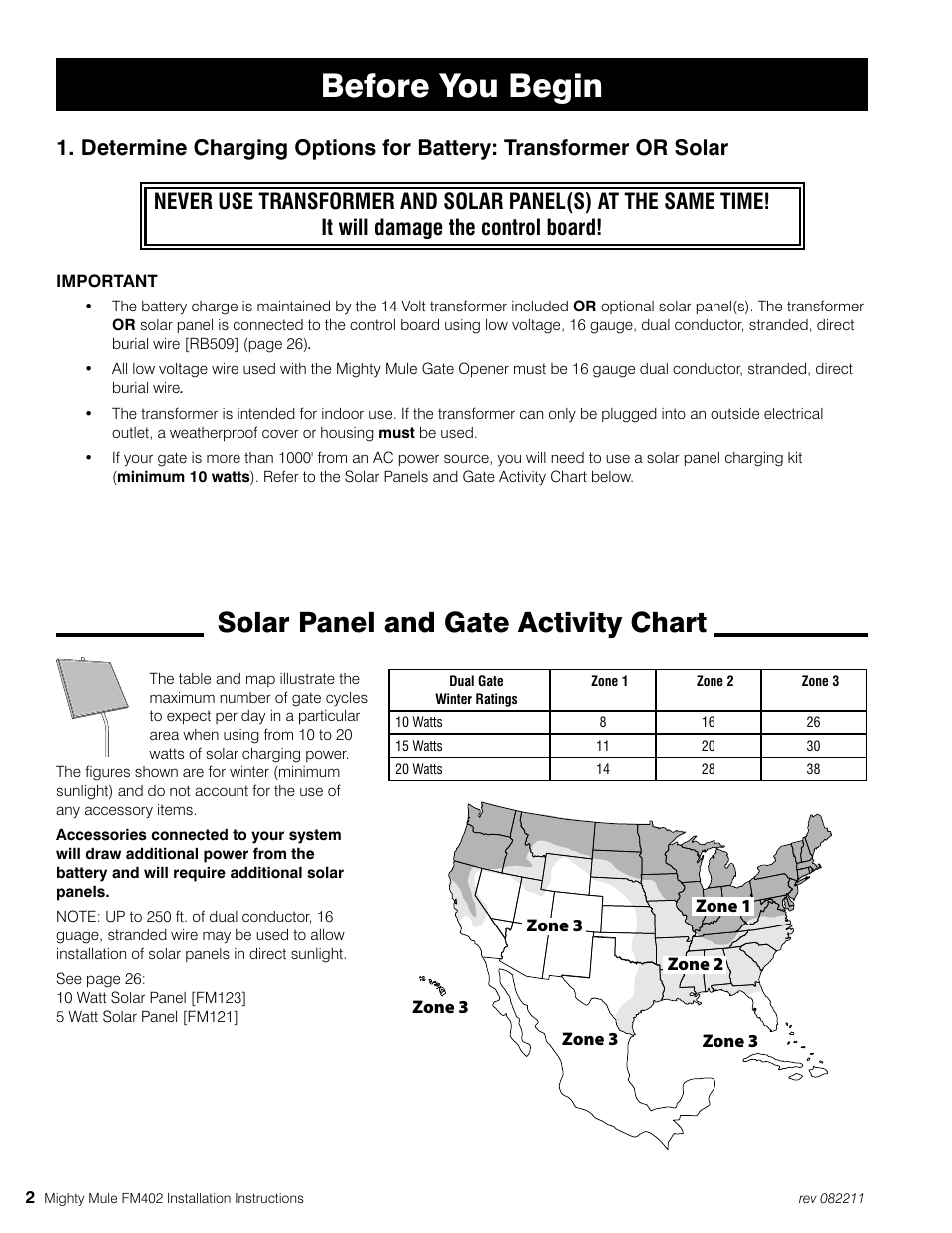 Before you begin, Solar panel and gate activity chart | Mighty Mule MM402 User Manual | Page 12 / 36