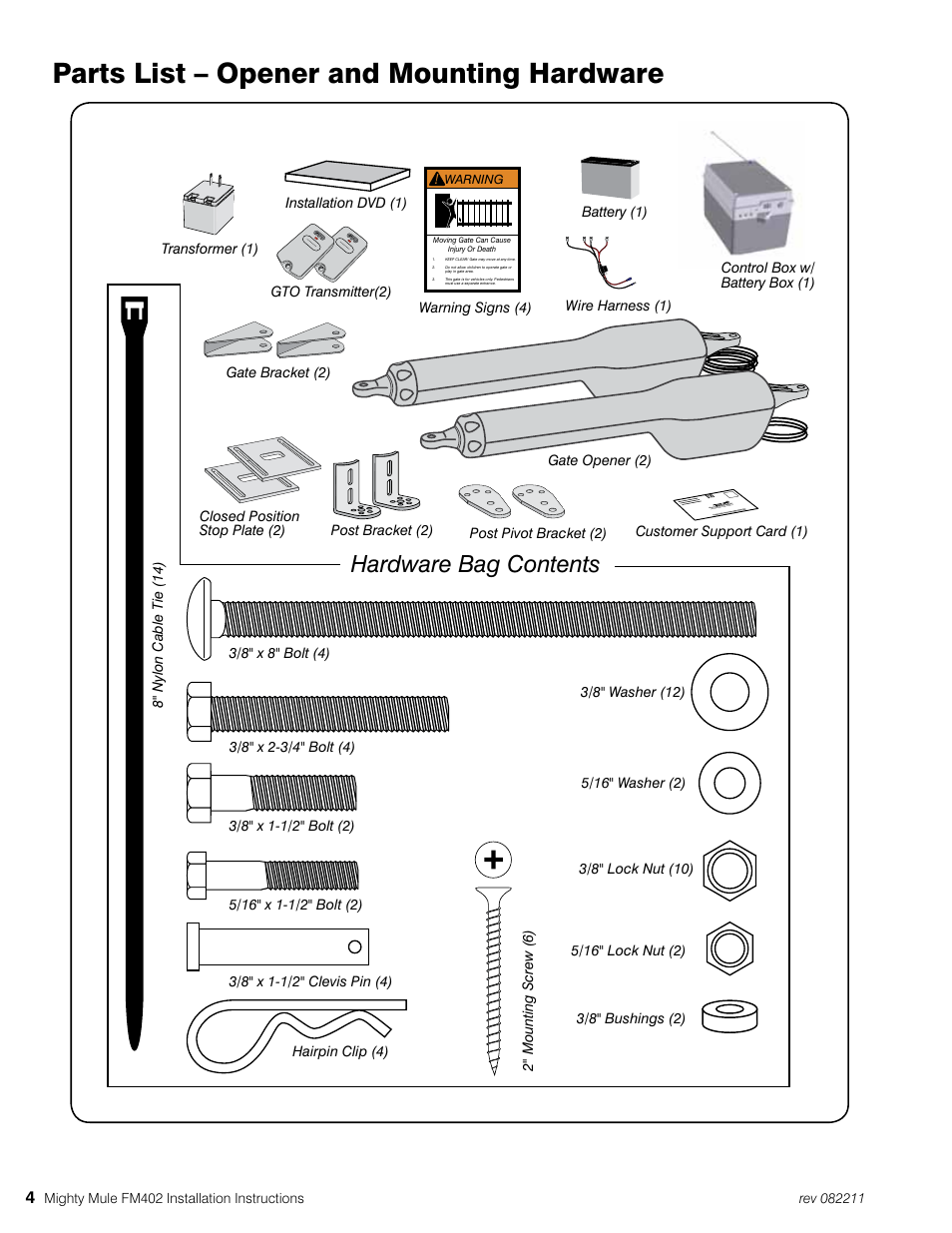Parts list – opener and mounting hardware, Hardware bag contents | Mighty Mule MM402 User Manual | Page 14 / 36