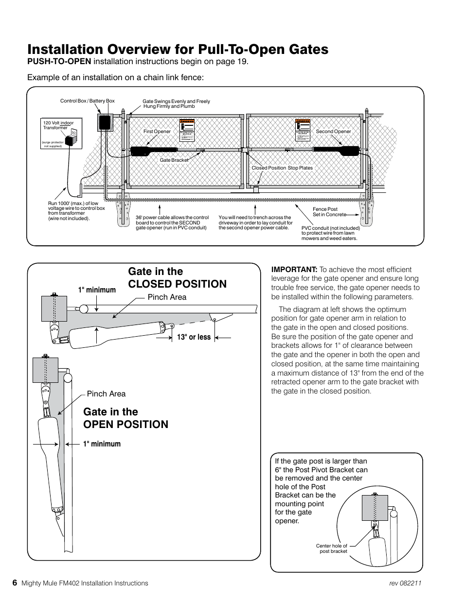 Installation overview for pull-to-open gates, Gate in the open position, Gate in the closed position | Mighty Mule MM402 User Manual | Page 16 / 36