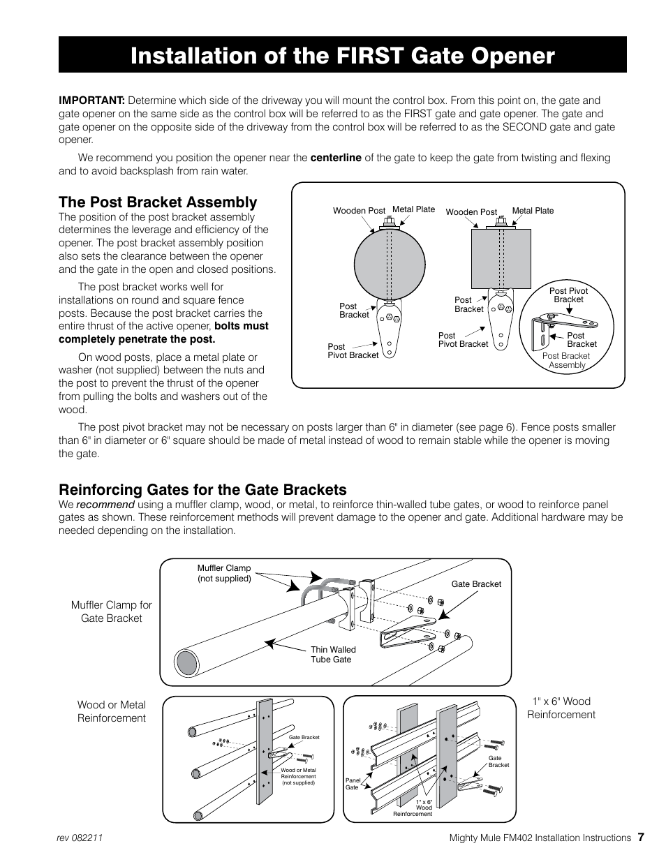 Installation of the first gate opener, The post bracket assembly, Reinforcing gates for the gate brackets | Mighty Mule MM402 User Manual | Page 17 / 36