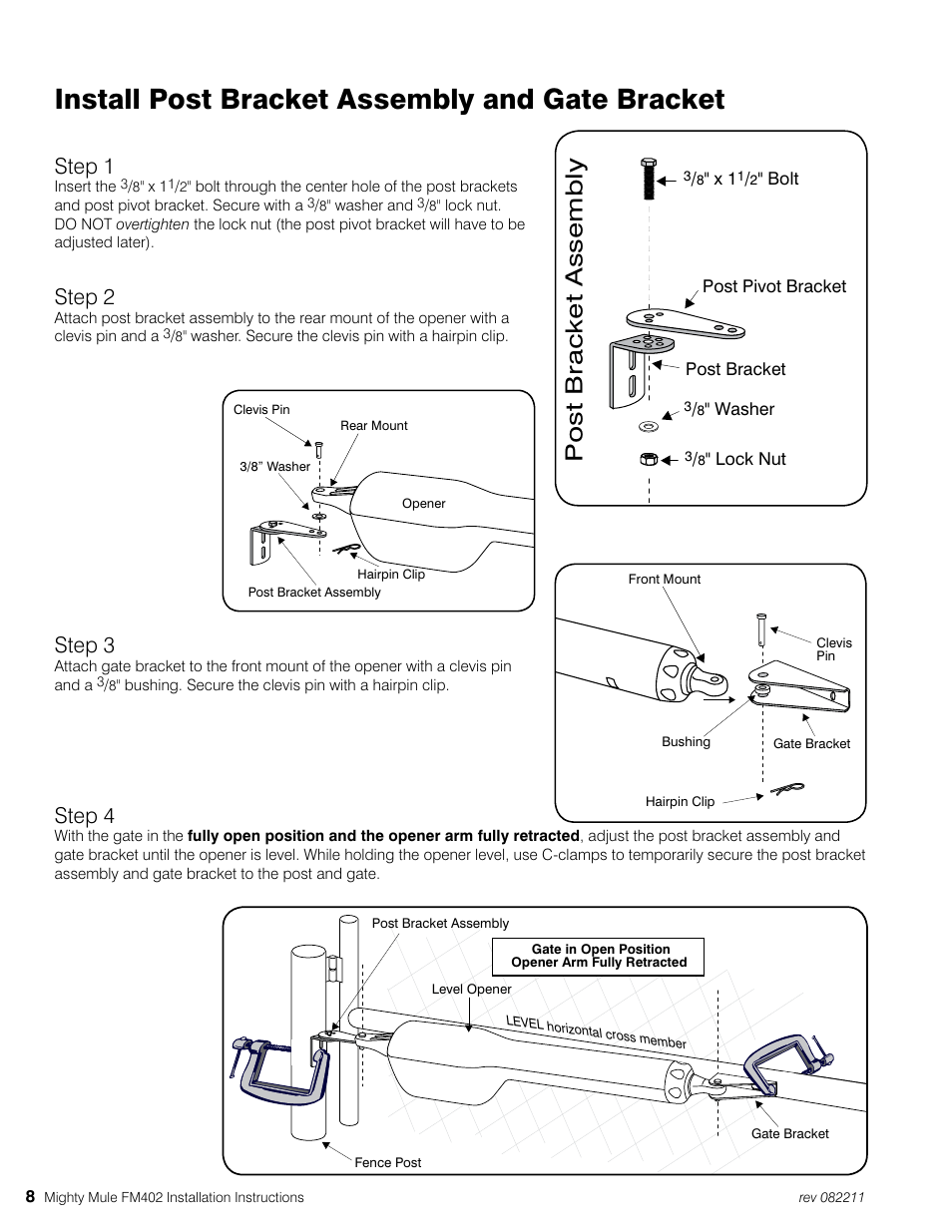 Install post bracket assembly and gate bracket, Post bracket assembly, Step 1 | Step 2, Step 3, Step 4 | Mighty Mule MM402 User Manual | Page 18 / 36