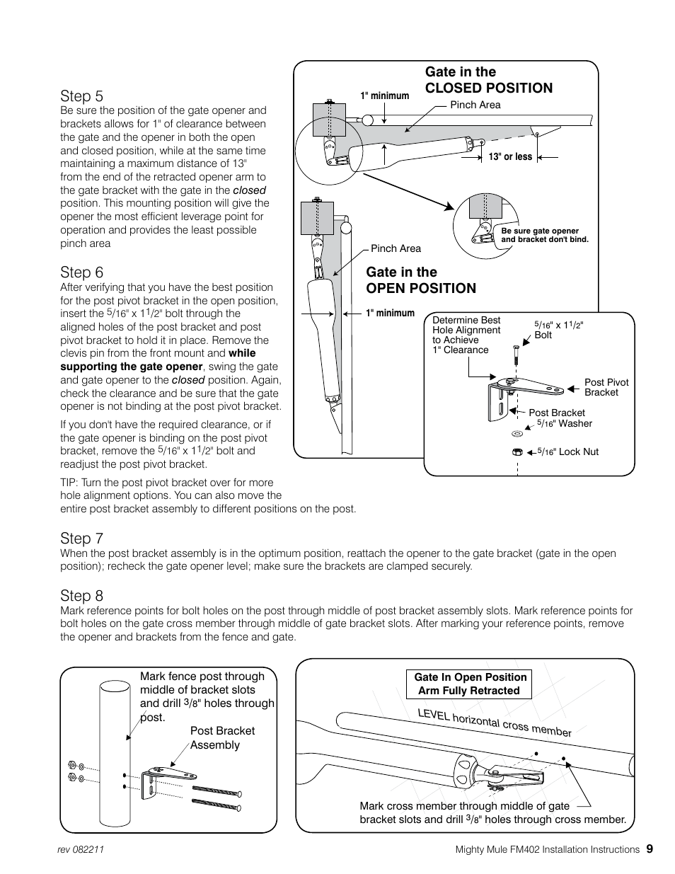 Step 5, Step 6, Step 7 | Step 8, Gate in the open position, Gate in the closed position | Mighty Mule MM402 User Manual | Page 19 / 36