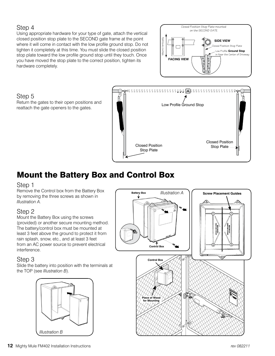 Mount the battery box and control box, Step 1, Step 2 | Step 3, Step 4, Step 5 | Mighty Mule MM402 User Manual | Page 22 / 36